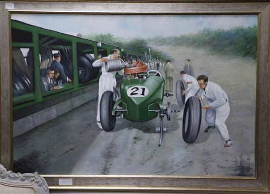 Max Brandrett, oil on canvas, Motor racing pitstop, signed 60 x 90cm